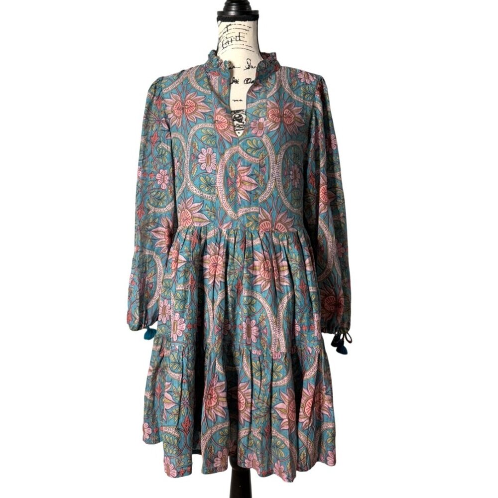 Oliphant Women's Yoke Dress Long Sleeve Boho Floral Ruffle-Neck $348 Size S